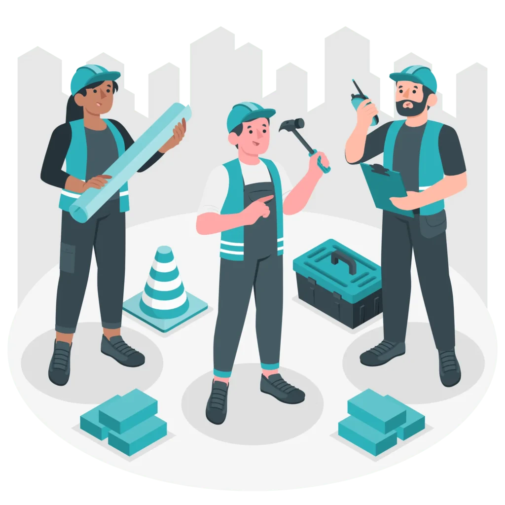 Construction workers illustration representing house renovation and building services in London.