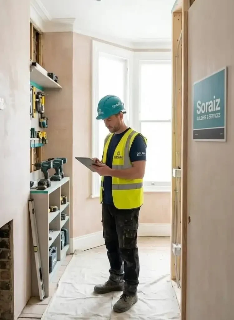 Professional London builder carrying out quality control inspection during a residential renovation