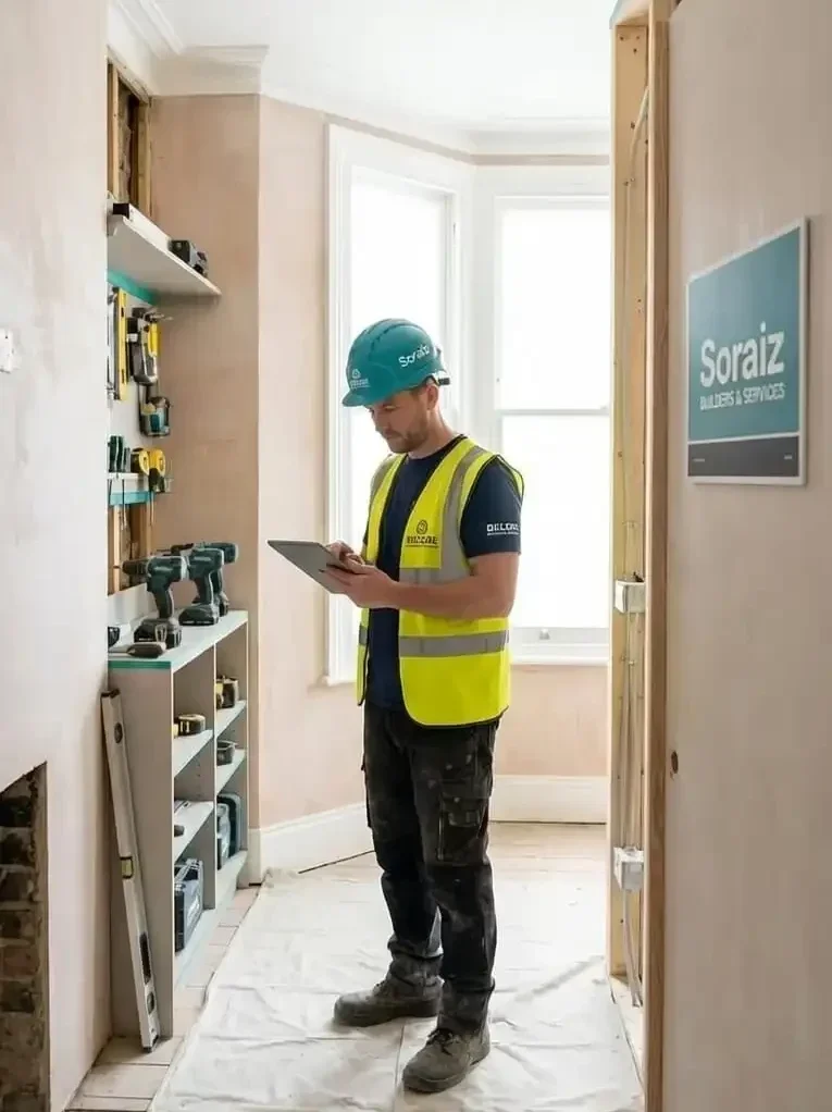 Professional London builder carrying out quality control inspection during a residential renovation