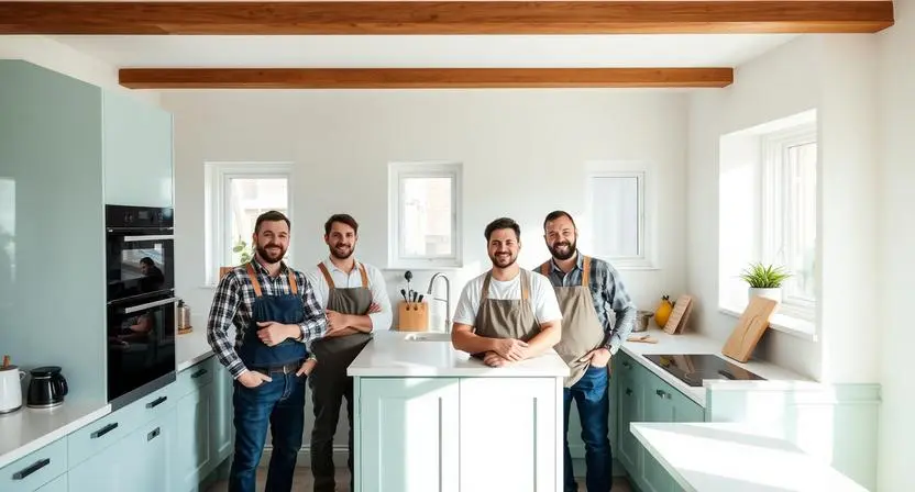 Experienced London builders standing together in a completed kitchen renovation project, showing teamwork and quality craftsmanship