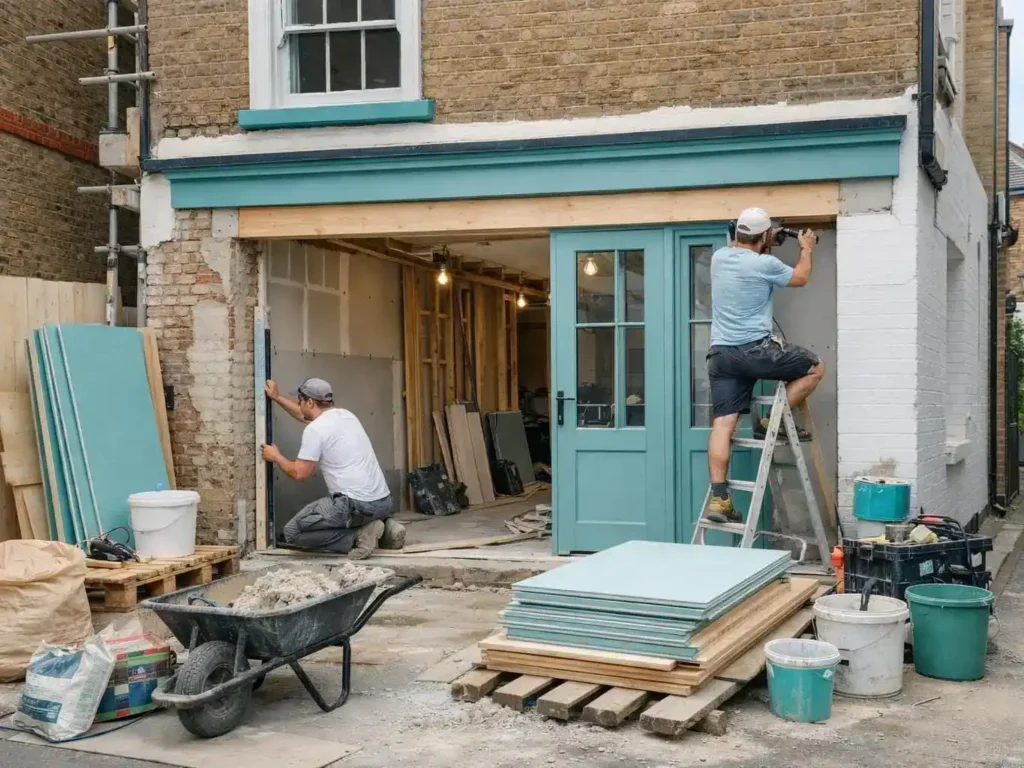 Local builders carrying out a rear extension renovation in London with new doors and structural work underway