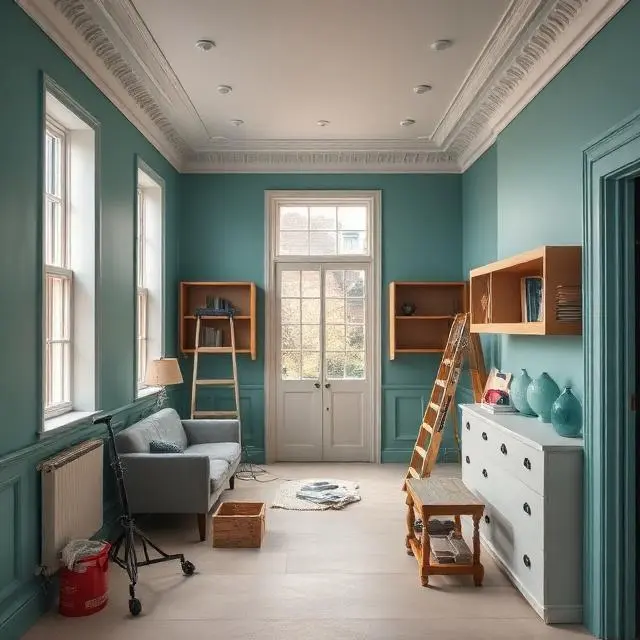 Freshly painted London home interior during renovation with fitted shelving and decorative finishes