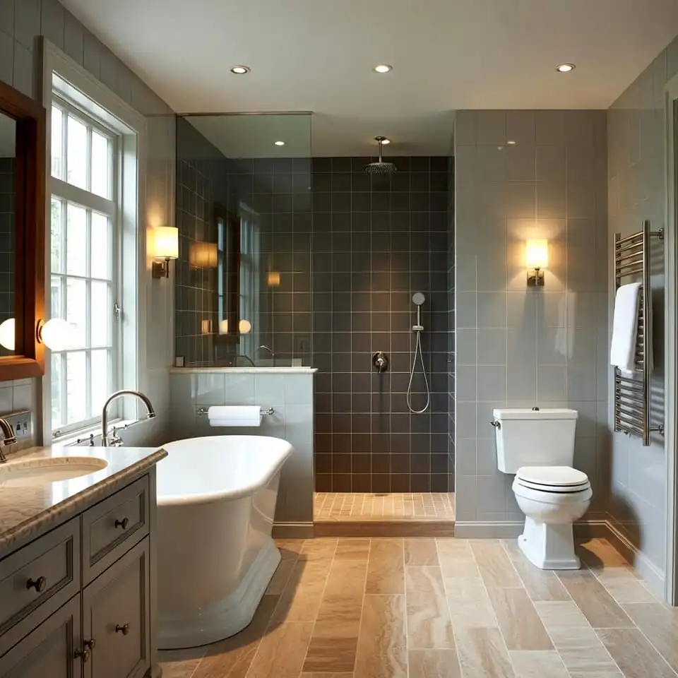 Luxury bathroom fitting & renovation in a London home with walk-in shower and freestanding bath
