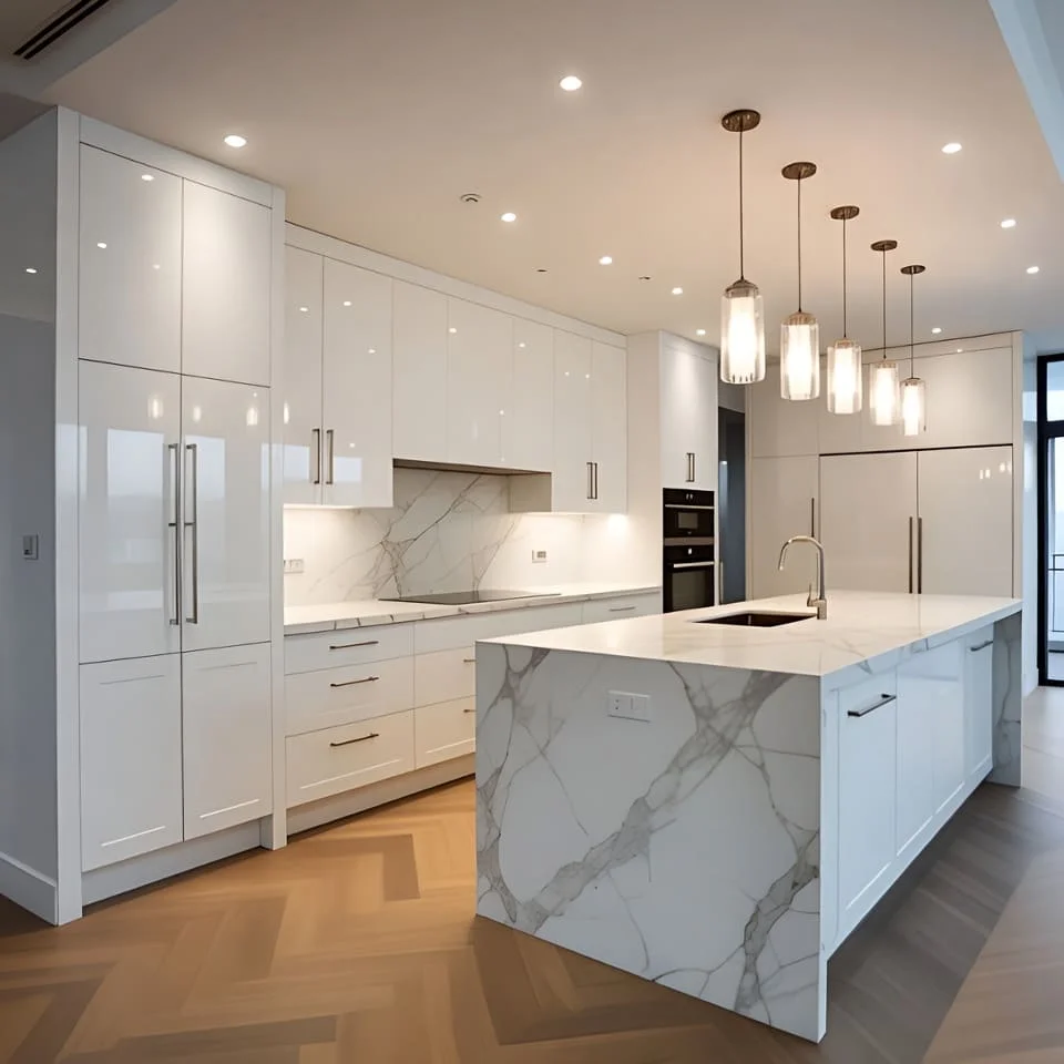 Luxury modern kitchen renovation in a London home with marble island and bespoke cabinetry