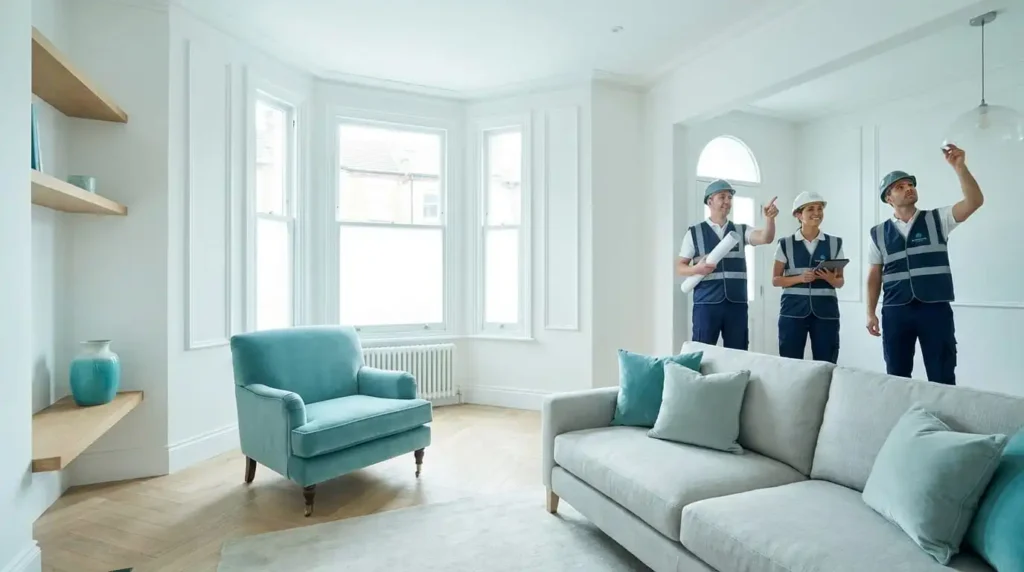 Luxury London home interior with professionals inspecting high-quality finishes
