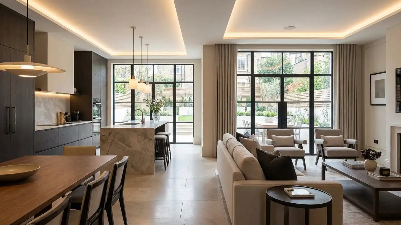 Luxury open-plan living and kitchen space completed as part of a high-end London home renovation