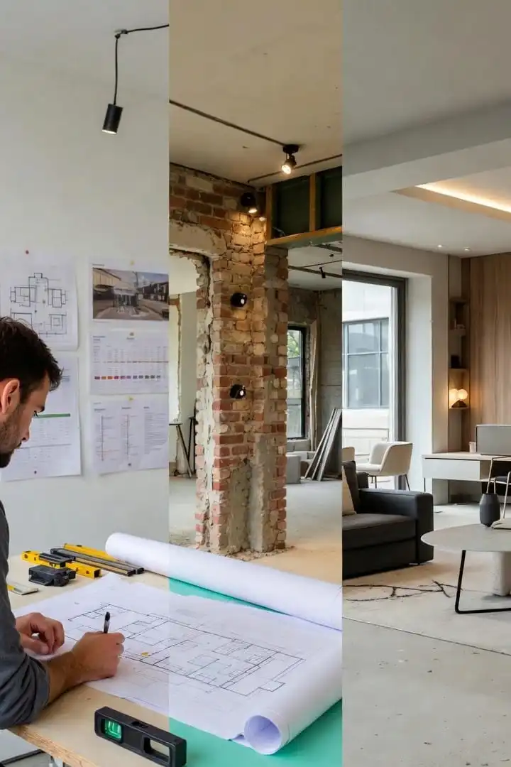 House renovation process in London showing planning stage, exposed brick construction, and completed modern interior.