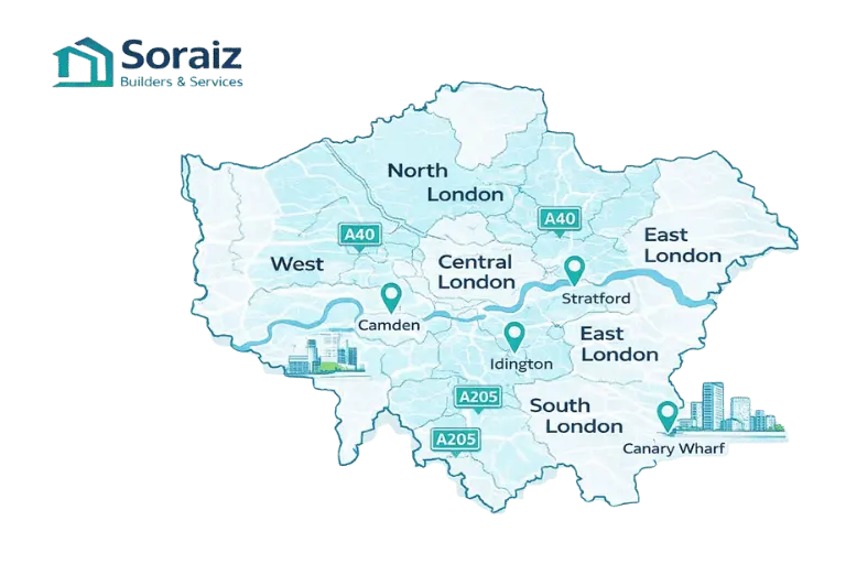 Service areas map of London showing North, South, East, West and Central London covered by Soraiz Builders & Services Ltd
