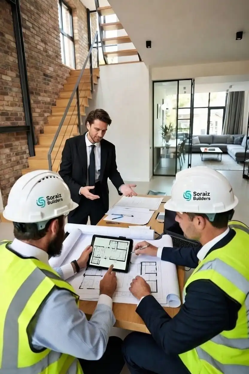 Soraiz Builders team discussing renovation plans with a client during a home renovation consultation in London