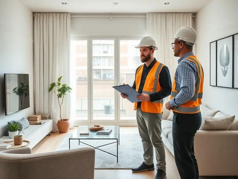 Builders conducting site inspection in London apartment, assessing space and discussing renovation scope with clipboard during flat refurbishment