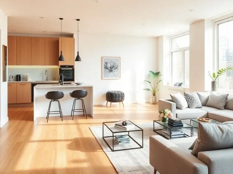 Bright apartment renovation in London with open plan living room and kitchen, natural light, wooden flooring and modern furniture layout