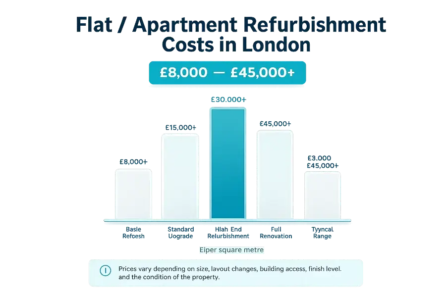 Flat and apartment refurbishment cost chart in London showing price ranges from £8,000 to £45,000+ for basic refresh, standard upgrade, high-end refurbishment, and full renovation.