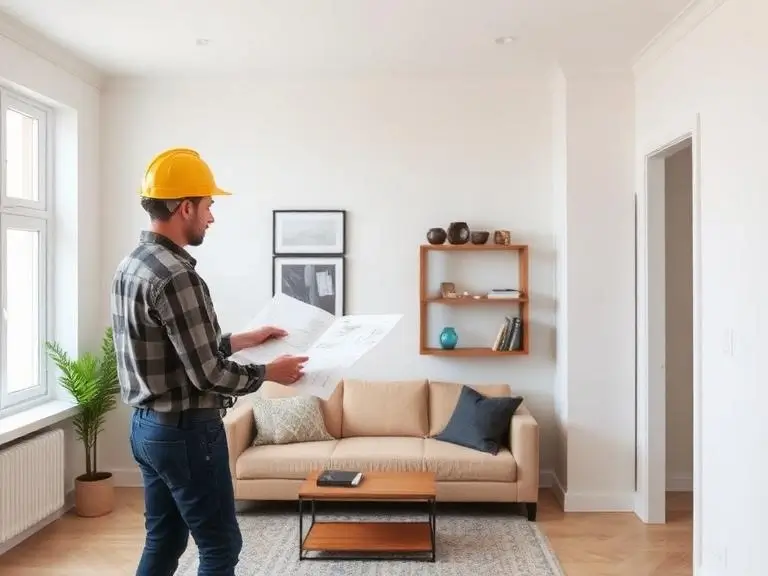 Builder reviewing renovation plans during flat refurbishment consultation in London apartment, planning layout and structural improvements