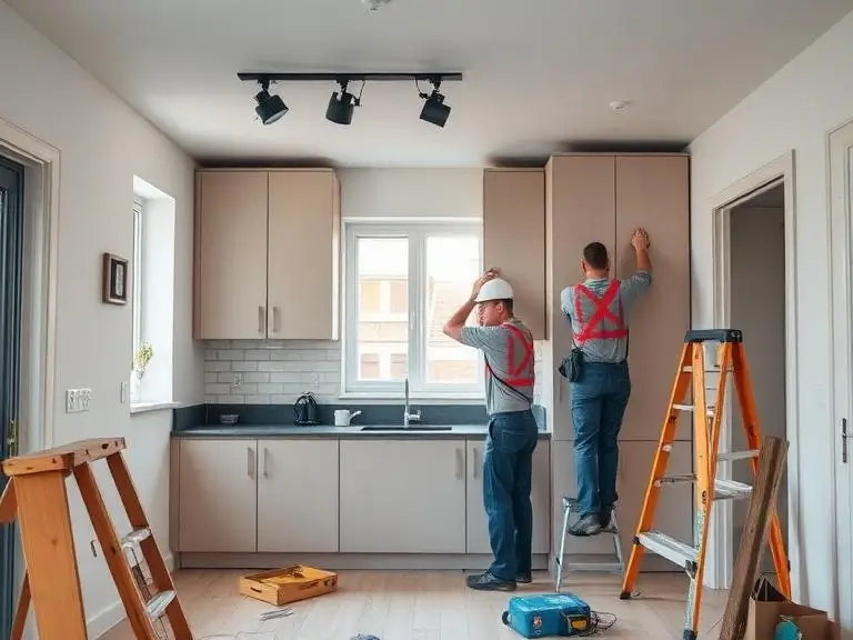 Builders installing kitchen cabinets during flat renovation in London apartment, interior refurbishment work in progress with tools and ladder
