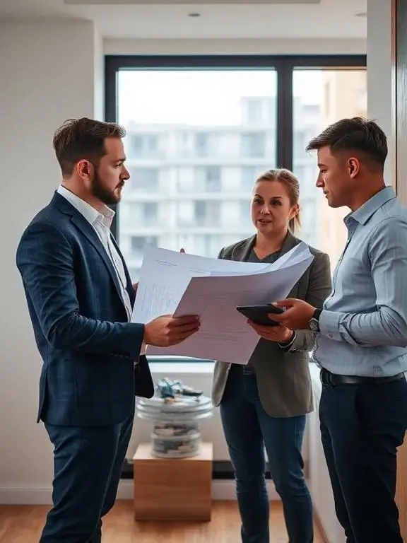 Professionals reviewing renovation plans inside a London apartment, discussing layout, permissions, and flat refurbishment planning