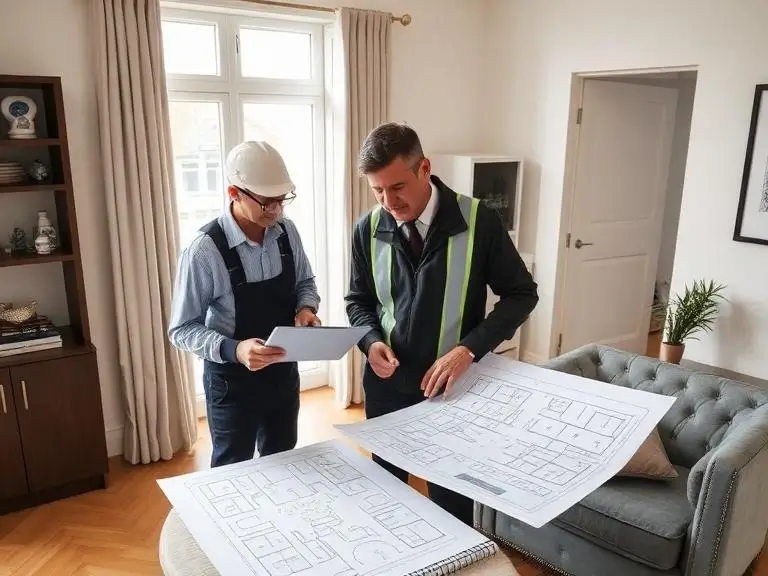 Builders reviewing architectural plans during flat renovation consultation in London apartment, discussing layout and refurbishment details