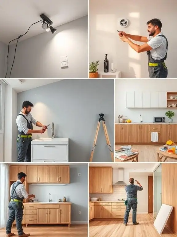 Flat renovation services in London showing electrical work, plumbing installation, kitchen fitting, and interior refurbishment by professional builders