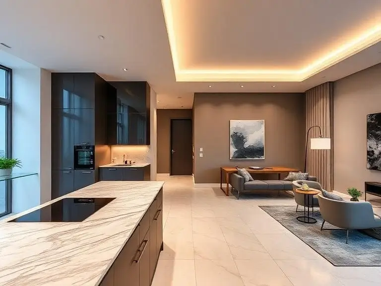 Modern flat renovation in London with open plan kitchen and living area, featuring marble worktop, fitted cabinets, and contemporary interior design