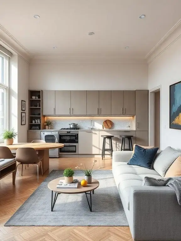 Modern flat renovation in London featuring open plan living room and kitchen, wooden flooring, bright interior and contemporary design