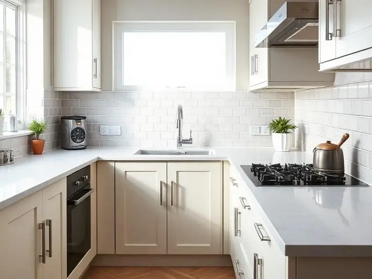 A fully completed kitchen renovation in a London home showing cream shaker cabinets, grey quartz worktop, undermount sink with chrome tap, gas hob, stainless steel extractor, and white metro tile splashback.