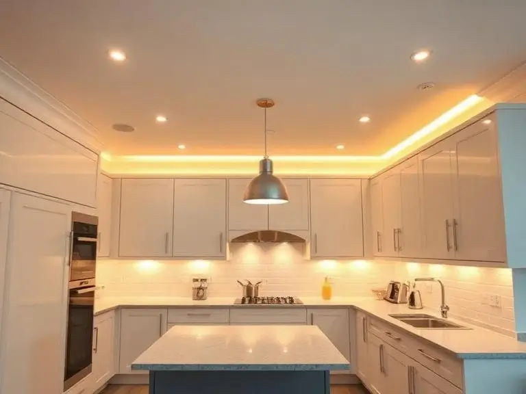 A completed kitchen renovation in a London home featuring recessed spotlights, warm LED cove lighting along the ceiling perimeter, under-cabinet lighting, a pendant light over a central island, white shaker cabinets, quartz worktop, and undermount sink.