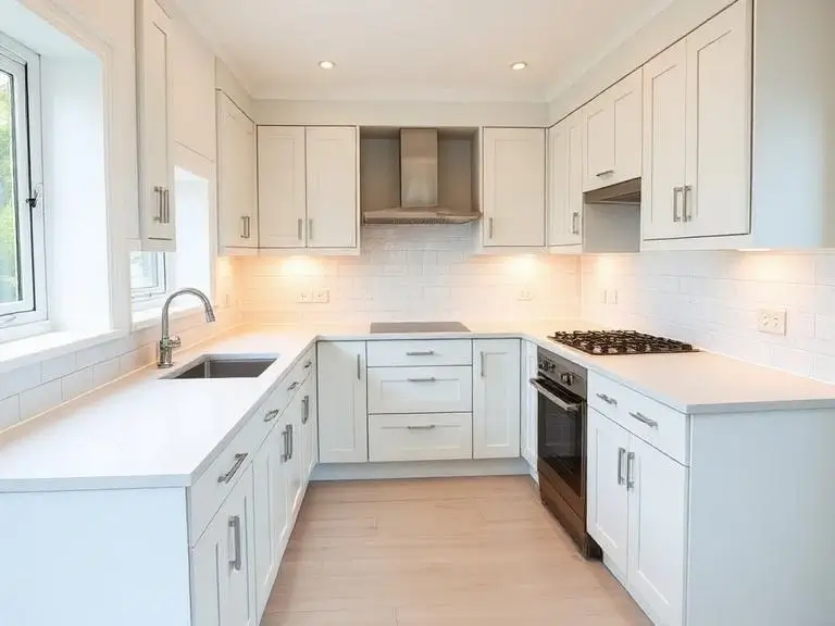 A fully completed kitchen renovation in a London home showing white shaker cabinets, quartz worktop, undermount sink with chrome tap, gas hob, integrated oven, stainless steel extractor, white metro tile splashback, under-cabinet lighting, and light wood flooring.