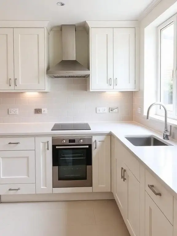 Completed kitchen renovation in a London home showing white shaker cabinets, quartz worktop, undermount sink, induction hob, stainless steel extractor, and metro tile splashback.