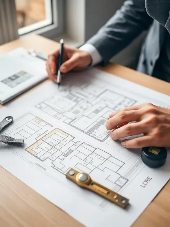A professional reviewing detailed kitchen floor plan drawings on a desk with a pen, measuring tape, and spirit level, representing planning and building regulation checks for a kitchen renovation in London.