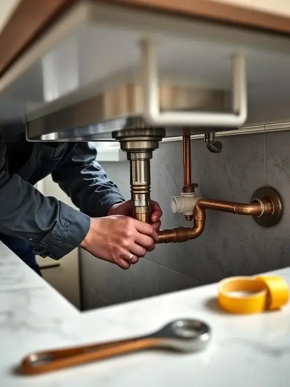 A plumber connecting copper waste pipes beneath a kitchen sink during a renovation, with a wrench and plumber's tape visible on the marble worktop above.