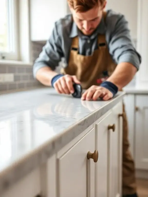 A tradesman in a work apron carefully finishing and checking the edge of a marble worktop on white kitchen units during a renovation snagging inspection in London.