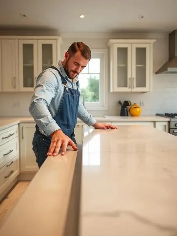 A tradesman in dungarees carefully checking the alignment and finish of a newly fitted quartz worktop during a kitchen renovation in London.