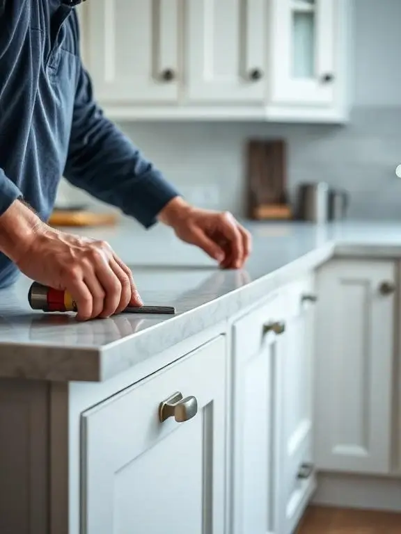 A tradesman fitting and aligning a quartz worktop onto white shaker kitchen units during a kitchen renovation in London, with a spirit level tool visible on the worktop edge.