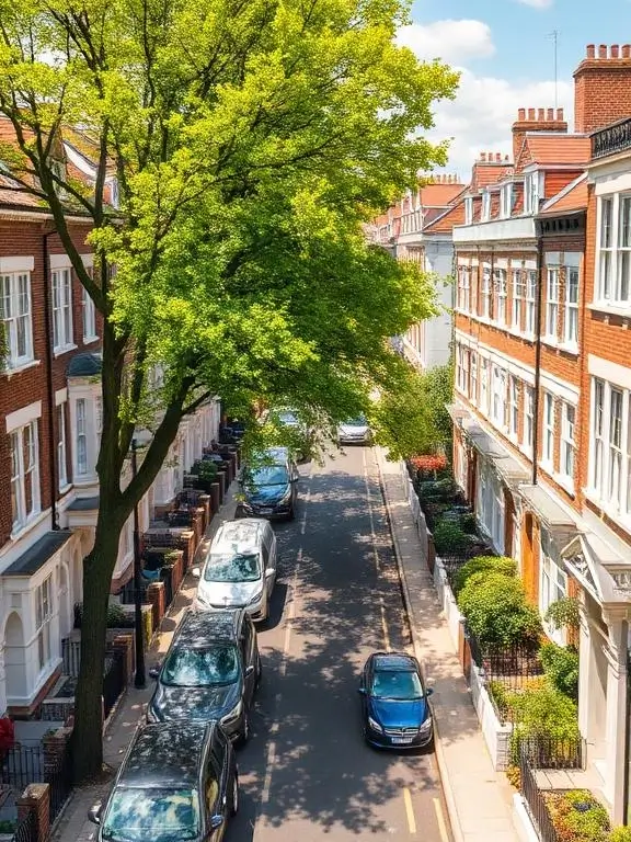 An elevated view of a tree lined London residential street with Victorian red brick terraced houses, sash windows, and parked cars, representing the areas covered by Soraiz Builders for kitchen renovation across London.
