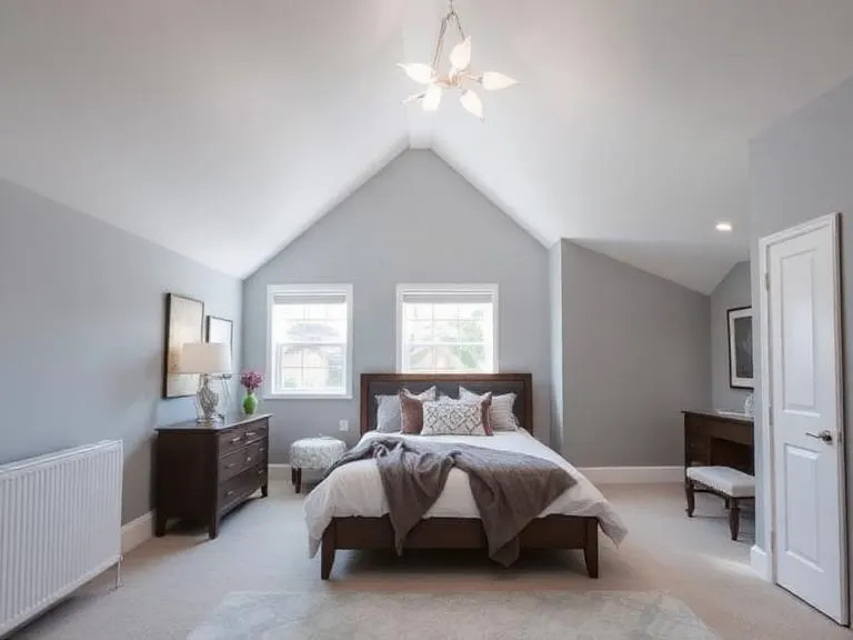 Finished loft conversion bedroom with vaulted ceiling and en-suite, London