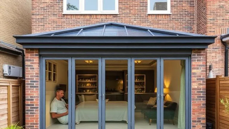 Single-storey rear extension on a London brick house with a glazed lantern roof and grey aluminium bi-fold doors opening onto a paved patio