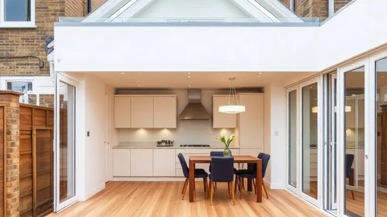 Single-storey side-return kitchen-diner extension in London with a glazed pitched roof and sliding doors onto a timber deck