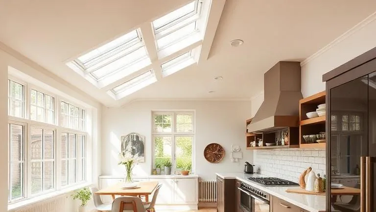 Side-return kitchen-diner extension interior in a London terraced house with roof lights along the old boundary and an open dining area