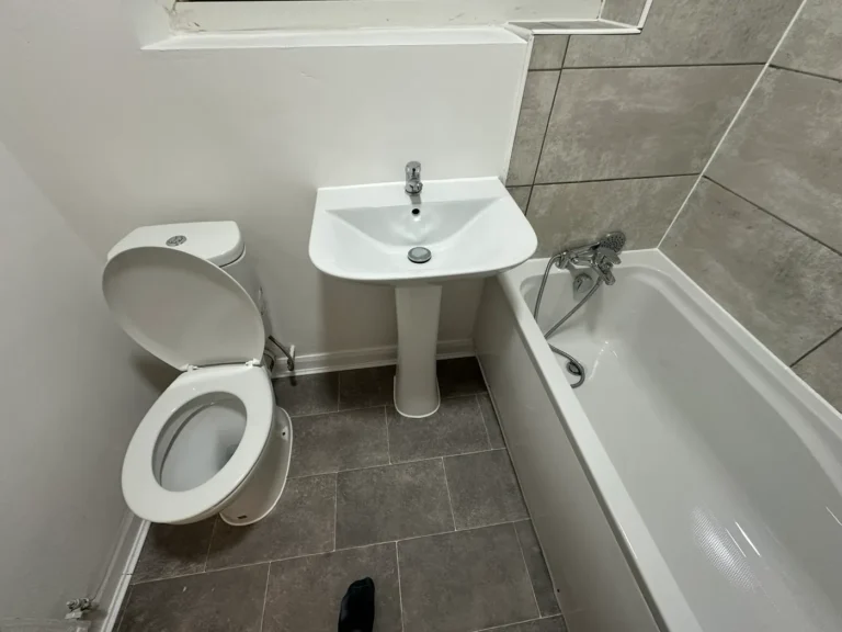 The new bathroom: large-format wall tiles, a new bath, basin and WC, Blendon, Sidcup