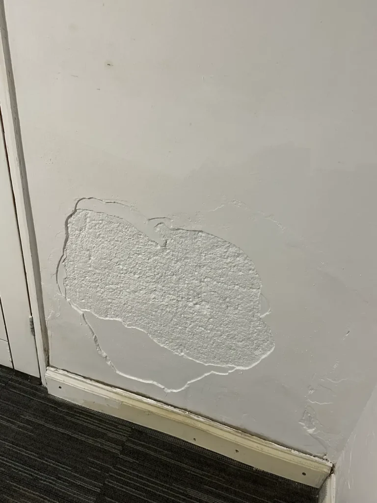 The damp-damaged wall patched and made good inside, Wealdstone