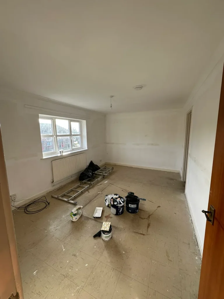 Walls filled and sanded before painting, Hollybush, Welwyn Garden City