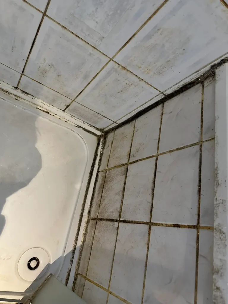 November 2025: failed, stained grout and sealant in the shower, Wembley Hill, Wembley
