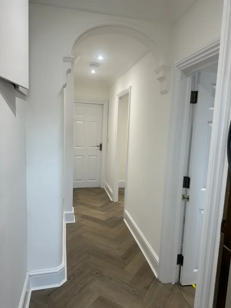 A hallway with herringbone flooring, new doors and downlights, Walpole, West Ealing