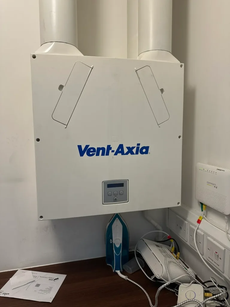 January 2026: electrical work at a Vent-Axia heat recovery ventilation unit, Woolwich Arsenal, Woolwich